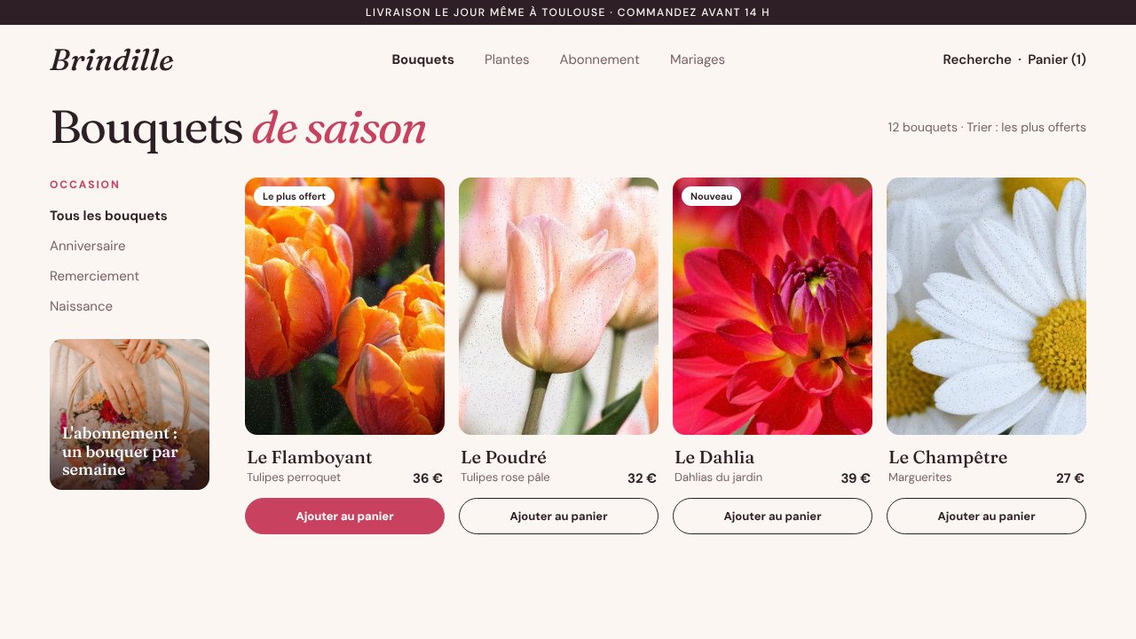 Exemple de site pour un fleuriste : page d'accueil