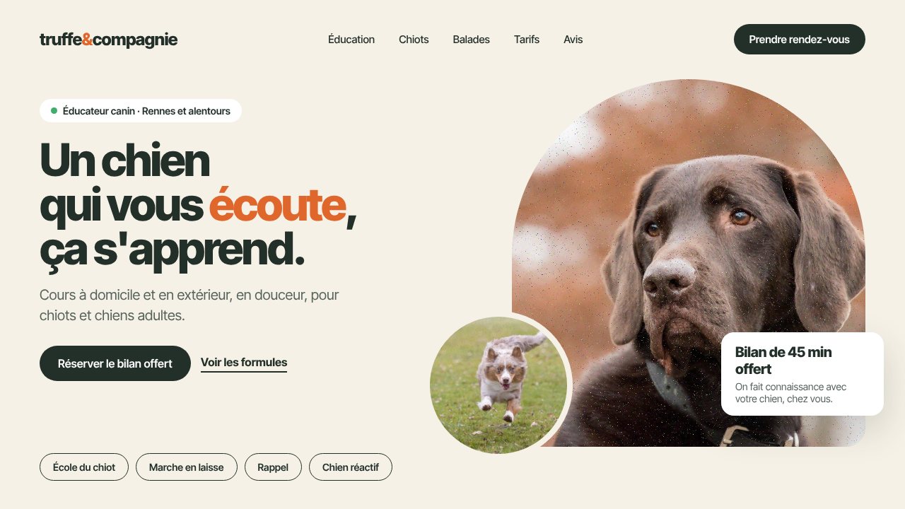 Exemple de site pour un éducateur canin : page d'accueil