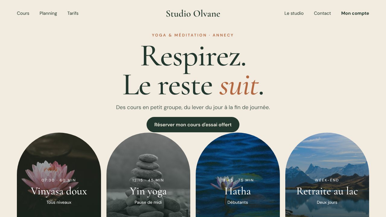 Exemple de site pour un studio de yoga : page d'accueil
